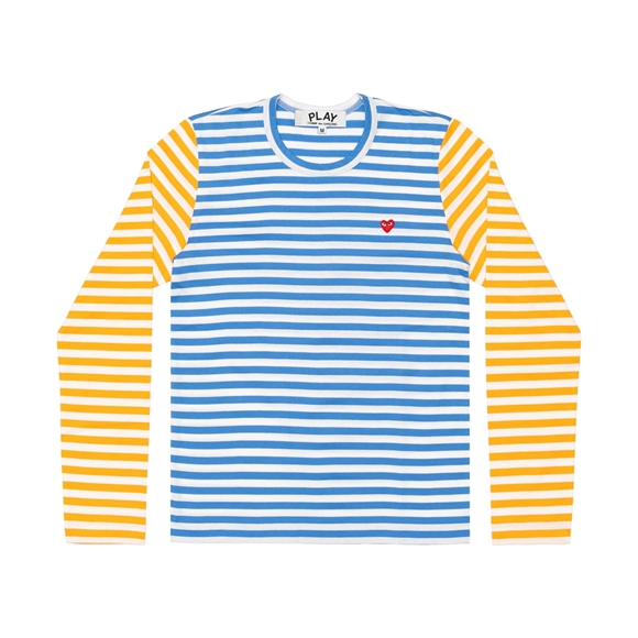 Comme Des Garcons PLAY L/S BI-Colour Stribet Small Emblem T-Shirt Long Sleeve Unisex Blue/Yellow | 70948-ZYKM