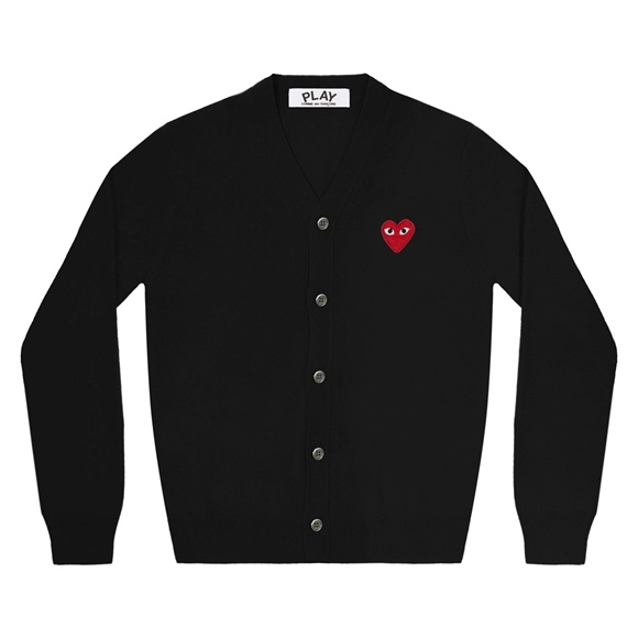 Comme Des Garcons PLAY Men's Cardigan Red Emblem Strikkevarer Herre Sort | 87932-IHDL