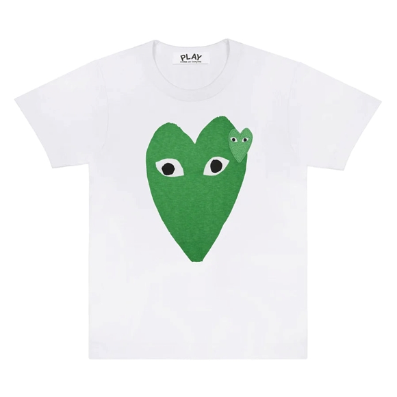 Comme Des Garcons PLAY T-Shirt Large Green Heart and Emblem Short Sleeve Unisex Hvide | 94201-PWZD