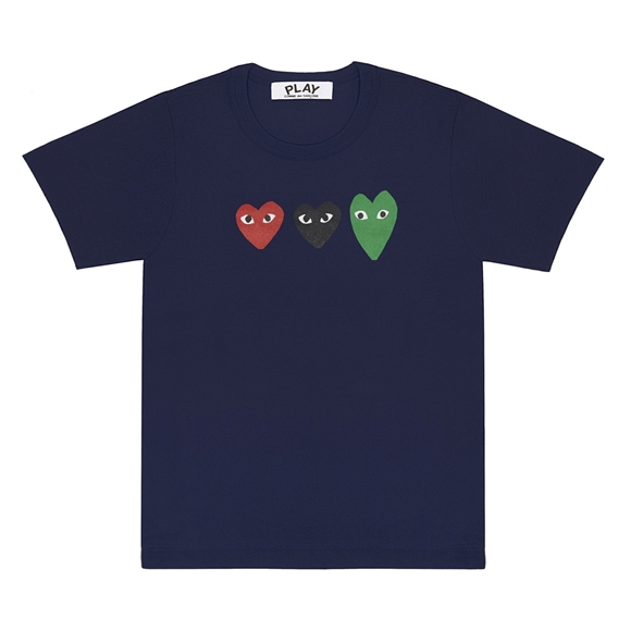 Comme Des Garcons PLAY T-Shirt With Red/Green/Black Hearts Short Sleeve Unisex Mørkeblå | 69215-RMUJ