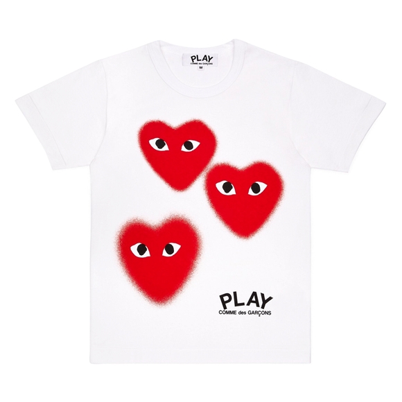 Comme Des Garcons PLAY Three Fuzzy Heart Screen Print Limited Edition Short Sleeve Unisex Hvide | 50781-HNEG