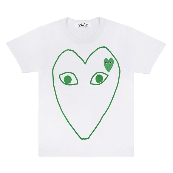 Comme Des Garcons PLAY White T-Shirt with Green Outline Heart and Emblem Short Sleeve Unisex Hvide Grøn | 03965-WKSY