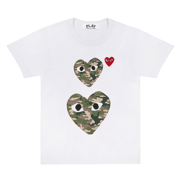 Comme Des Garcons PLAY White T-Shirt with Camo Printed Small and Big Hearts Short Sleeve Unisex Hvide | 05648-FQPV