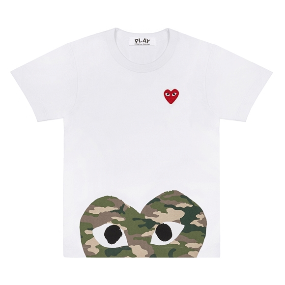 Comme Des Garcons PLAY White T-Shirt with Camo Printed Half Heart Short Sleeve Unisex Hvide | 23145-WYAI