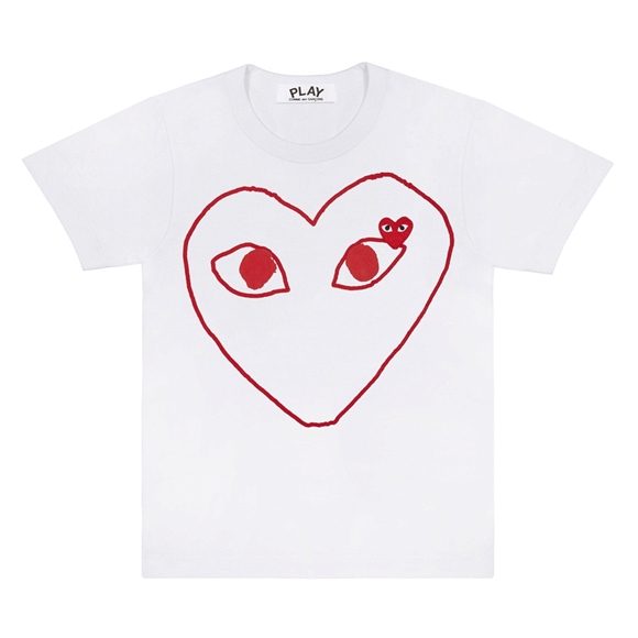 Comme Des Garcons PLAY White T-Shirt with Red Outline Heart Short Sleeve Unisex Hvide | 70568-ZCEJ