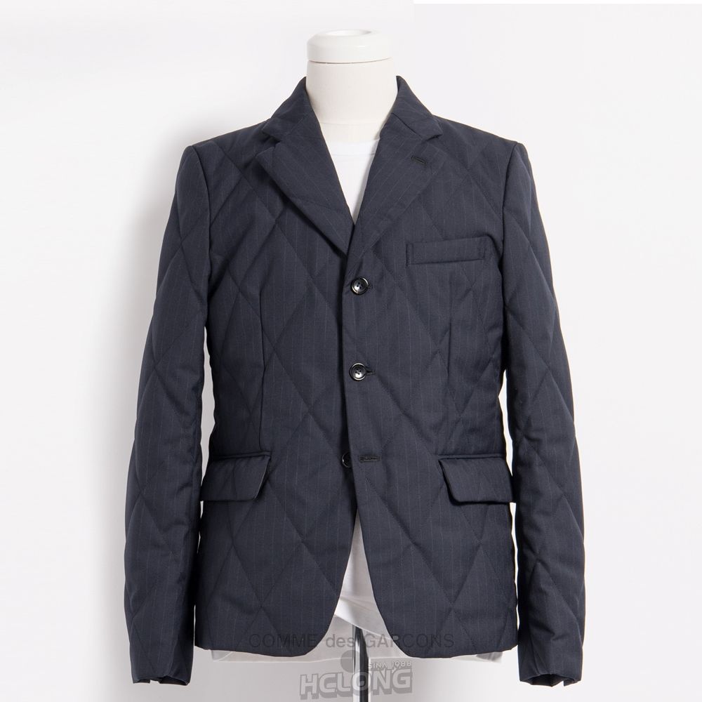 Comme Des Garcons BLACK Comme des Garçons - Quiltet Stribet Tailored Jacket Overtøj Mørkeblå | 49801-DIBL