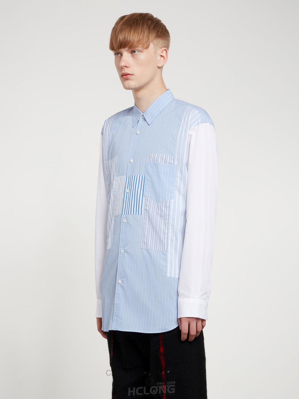 Comme Des Garcons CDG Shirt Forever - Stribet Patchwork Bomulds Shirt Toppe Herre Blue/White | 74258-VQTS