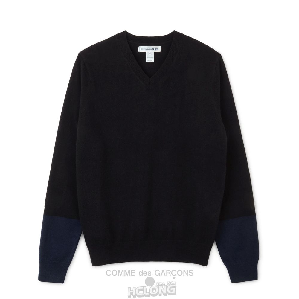 Comme Des Garcons CDG Shirt Forever - V-Neck Contrast Jumper Strikkevarer Herre Sort Mørkeblå | 48653-JTHV