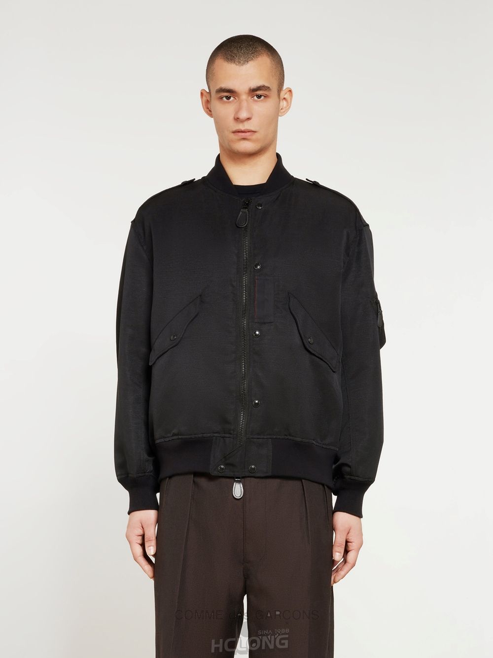 Comme Des Garcons Homme - Linen Polyester MA-1 Jacket Overtøj Herre Sort | 85760-MCWU