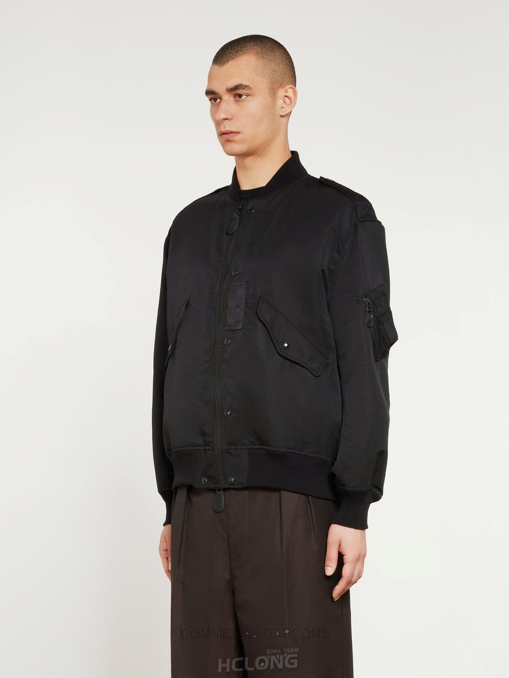 Comme Des Garcons Homme - Linen Polyester MA-1 Jacket Overtøj Herre Sort | 85760-MCWU