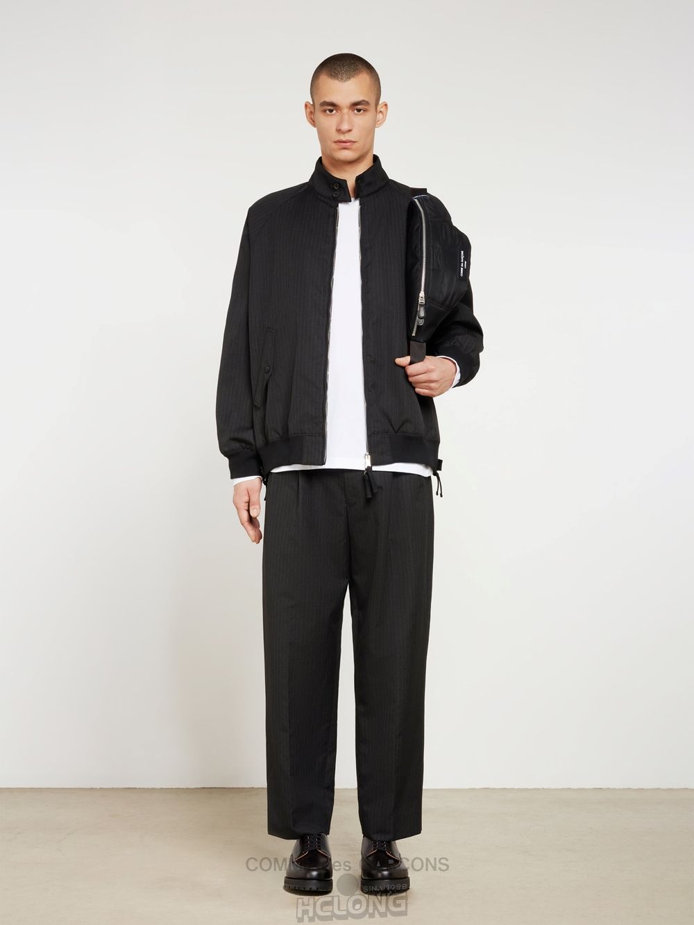 Comme Des Garcons Homme - Polyester Herringbone Stripe Jacket Men's Blouson Overtøj Herre Black/Grey | 39864-JKIG