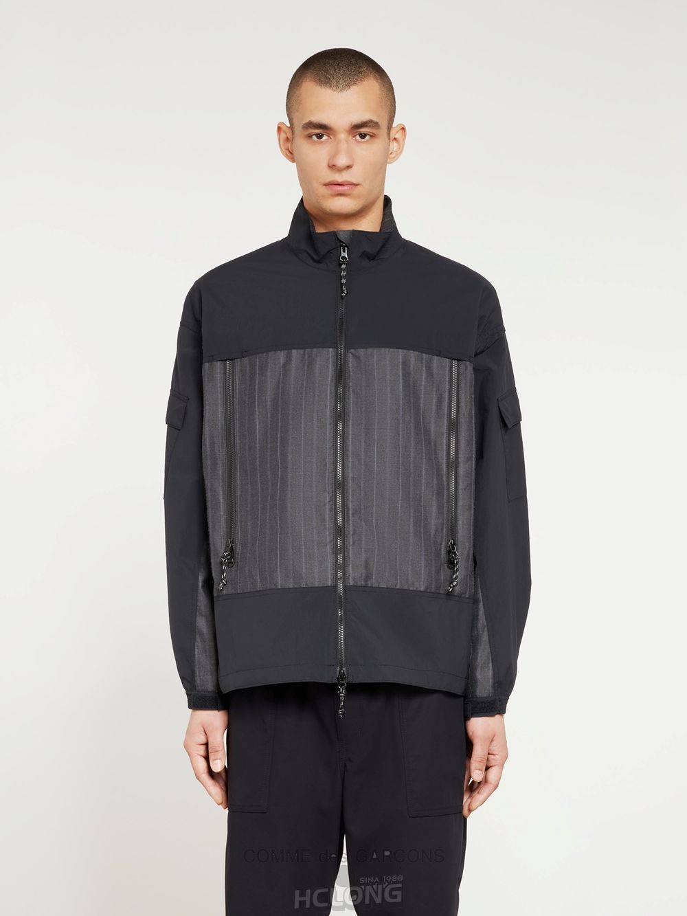 Comme Des Garcons Homme - Polyester Herringbone Stripe x Nylon Jacket Overtøj Herre Sort | 42310-XKPW