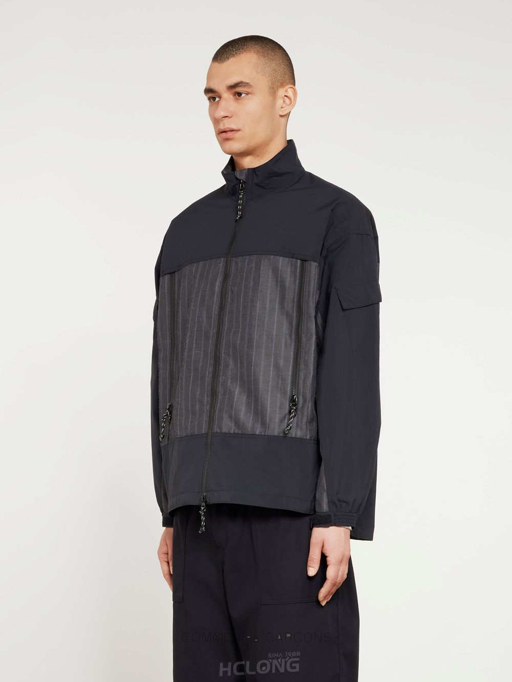 Comme Des Garcons Homme - Polyester Herringbone Stripe x Nylon Jacket Overtøj Herre Sort | 42310-XKPW