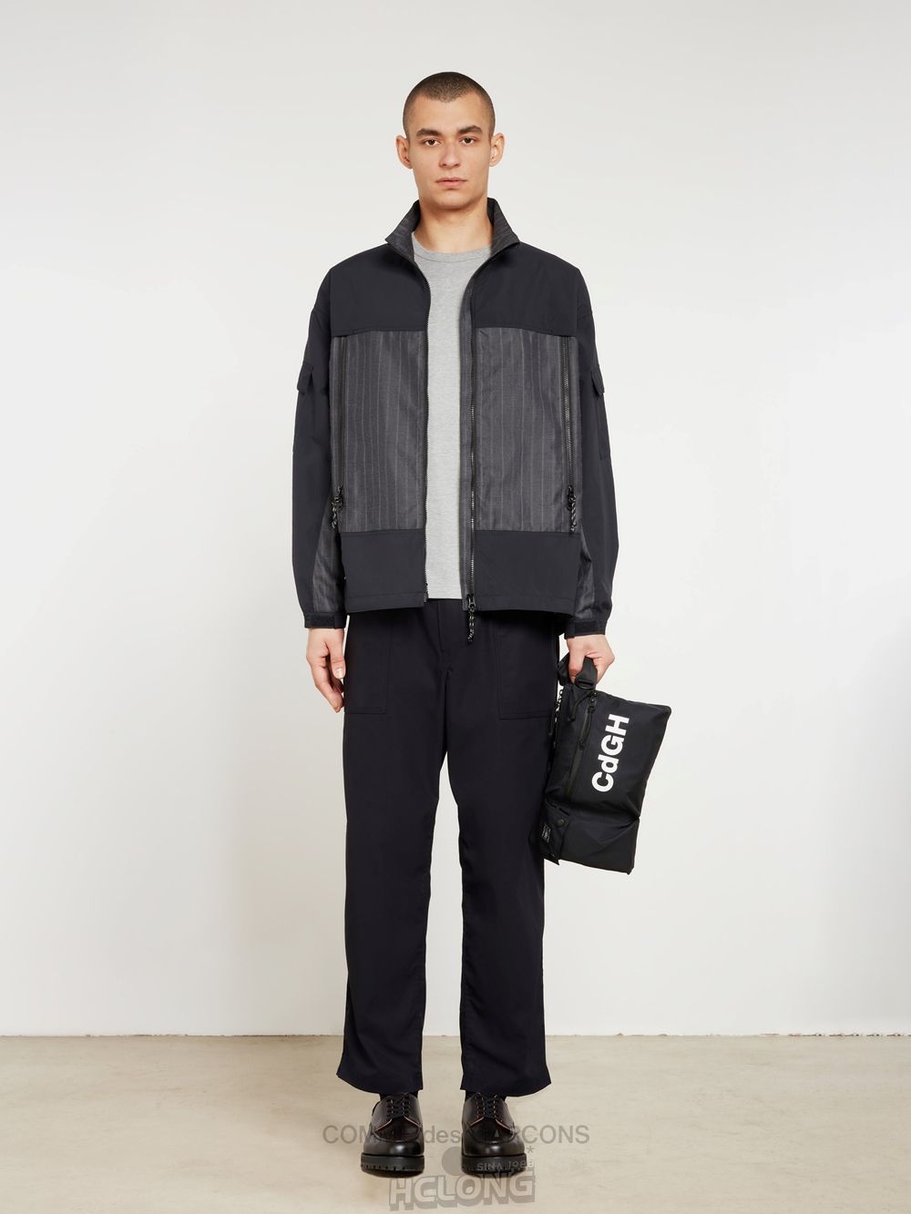 Comme Des Garcons Homme - Polyester Herringbone Stripe x Nylon Jacket Overtøj Herre Sort | 42310-XKPW