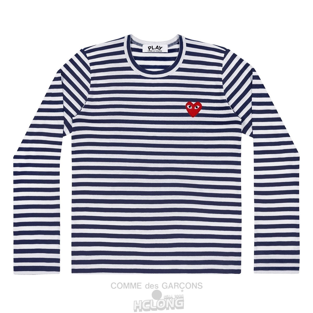 Comme Des Garcons PLAY L/S Navy Stribet Red Emblem Long Sleeve Unisex Mørkeblå | 72593-WDEX