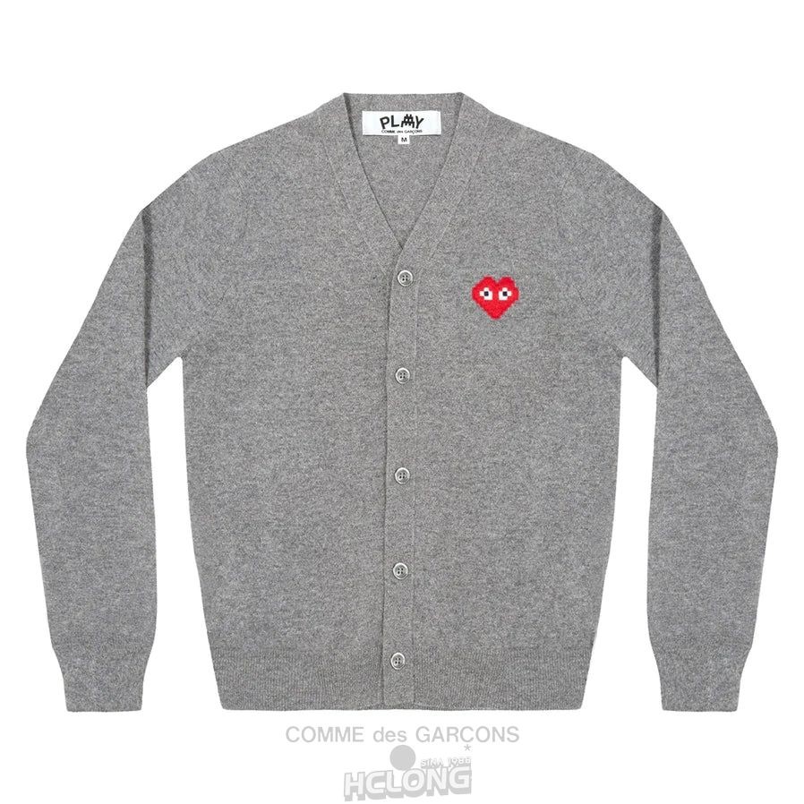 Comme Des Garcons PLAY Men's Cardigan Invader Emblem Strikkevarer Herre Grå | 74185-THGJ