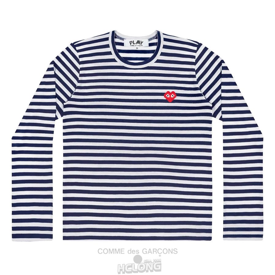 Comme Des Garcons PLAY Space Invaders L/S Navy Stribet Red Emblem Long Sleeve Unisex Mørkeblå | 01643-ZWIQ