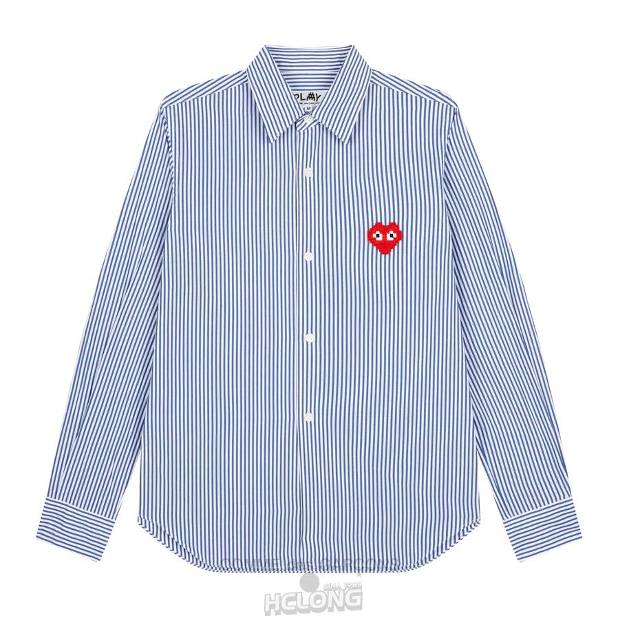 Comme Des Garcons PLAY Stribet Shirt Invader Emblem Shirt Unisex Blå | 98562-UWFE