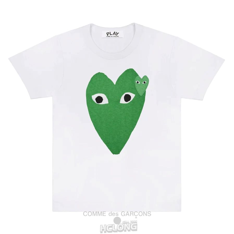 Comme Des Garcons PLAY T-Shirt Large Green Heart and Emblem Short Sleeve Unisex Hvide | 94201-PWZD