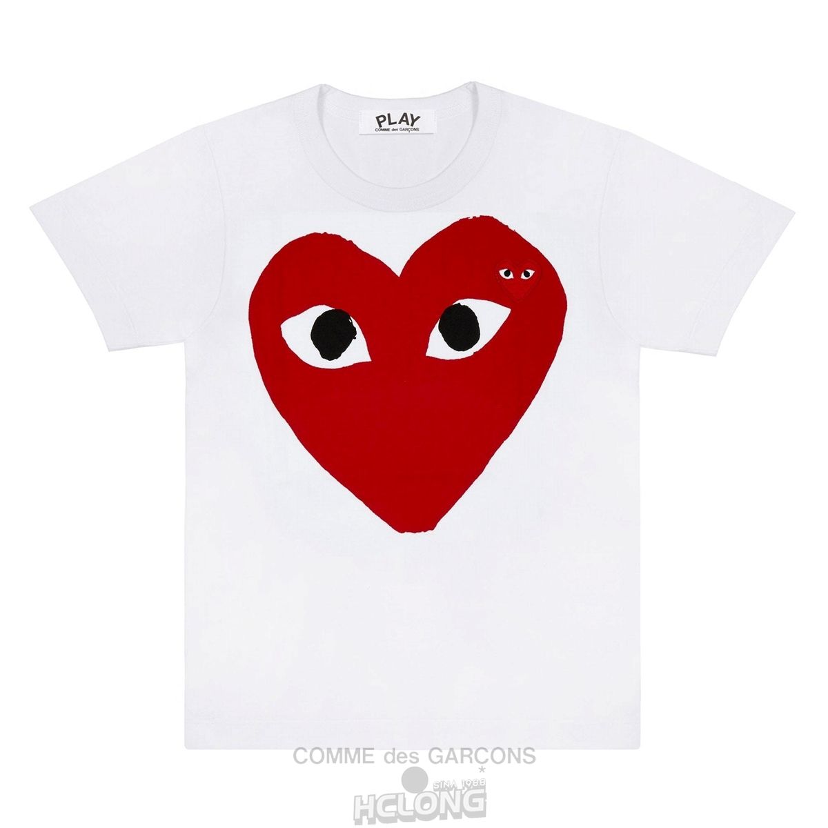 Comme Des Garcons PLAY T-Shirt Large Red Heart and Emblem Short Sleeve Unisex Hvide | 42571-MHBD