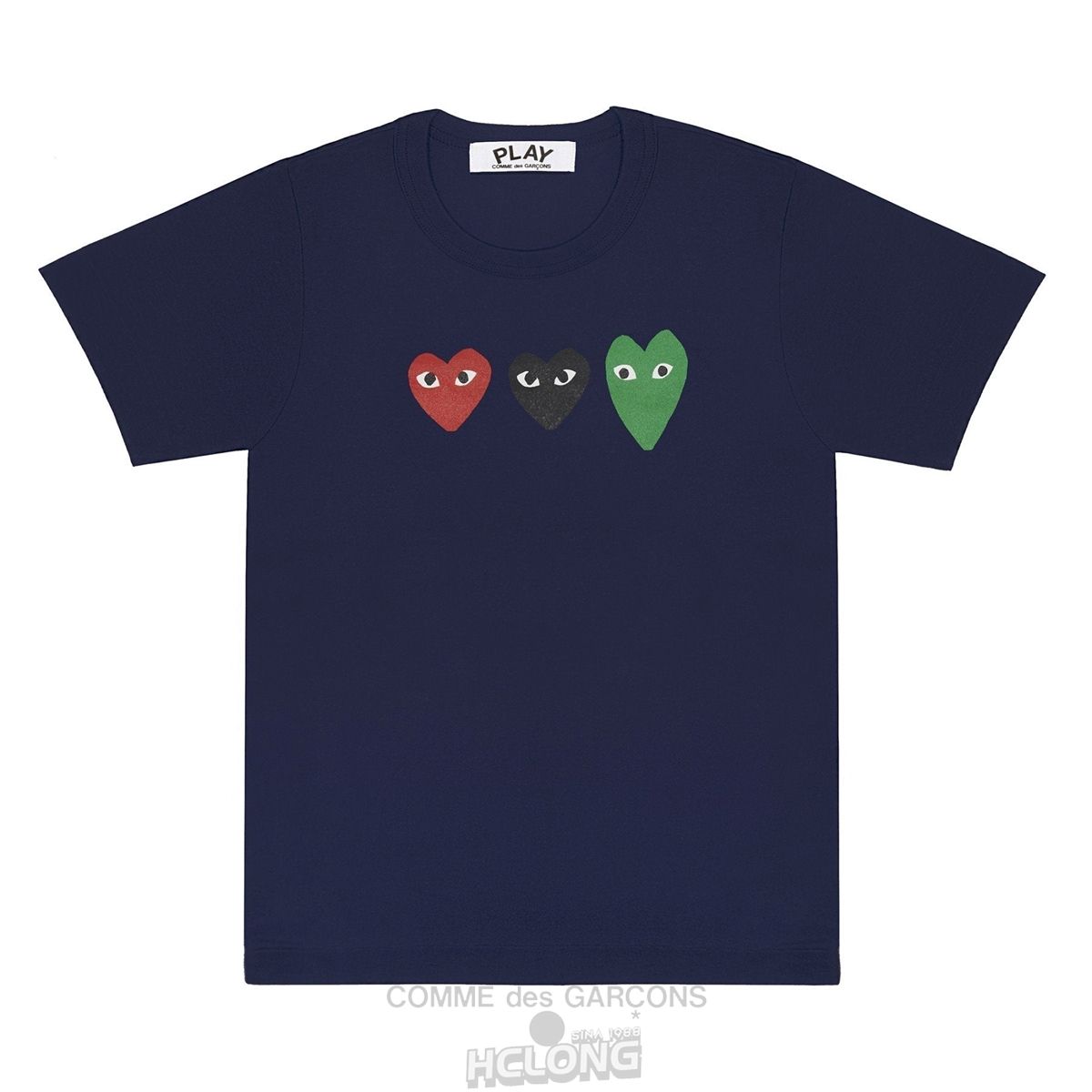 Comme Des Garcons PLAY T-Shirt With Red/Green/Black Hearts Short Sleeve Unisex Mørkeblå | 69215-RMUJ