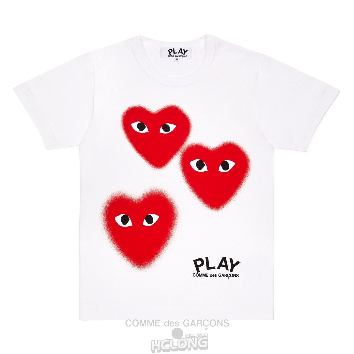 Comme Des Garcons PLAY Three Fuzzy Heart Screen Print Limited Edition Short Sleeve Unisex Hvide | 50781-HNEG