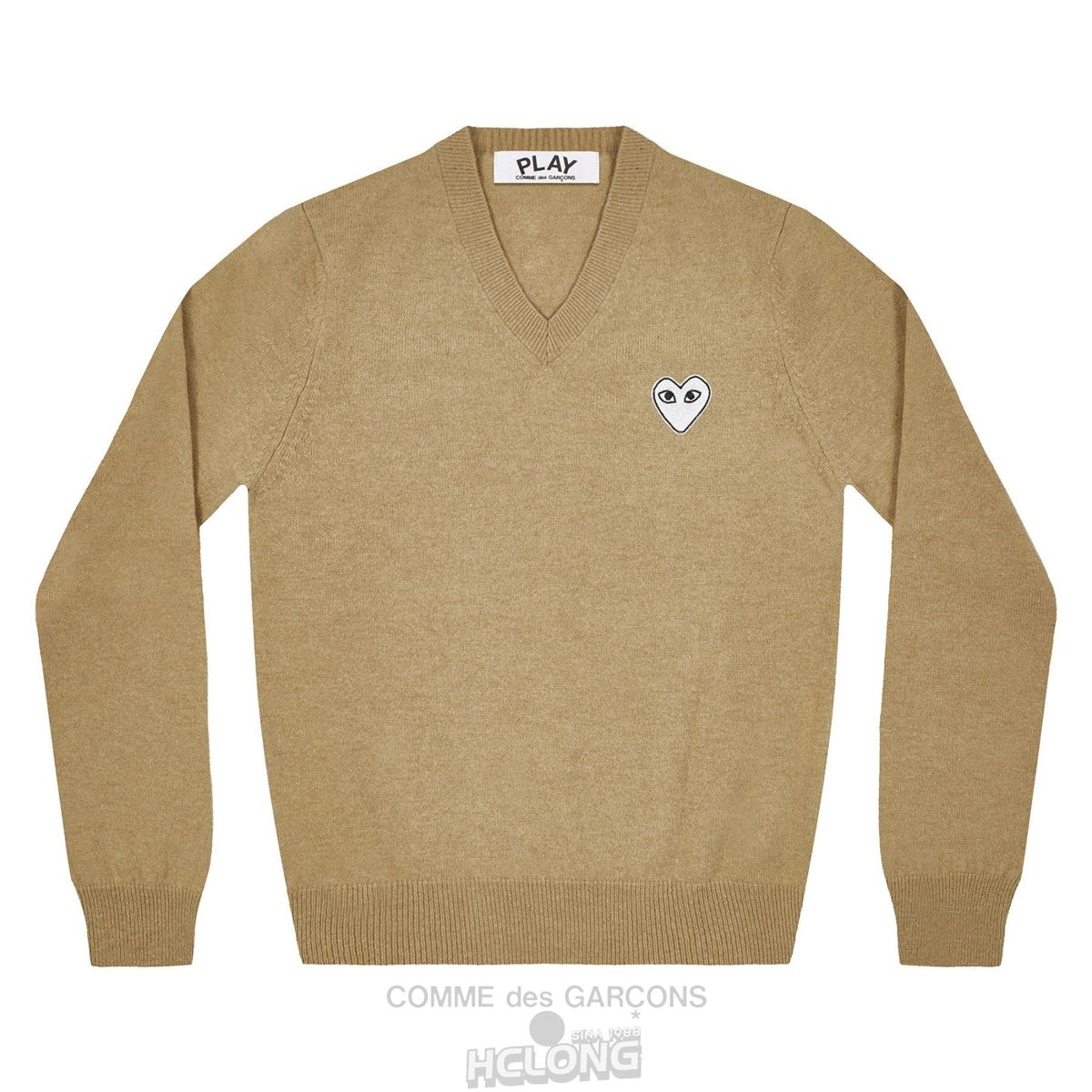 Comme Des Garcons PLAY V Neck Pullover White Heart Natural Series Strikkevarer Unisex Camel | 82657-RSMX