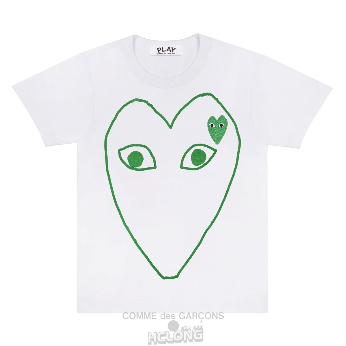 Comme Des Garcons PLAY White T-Shirt with Green Outline Heart and Emblem Short Sleeve Unisex Hvide Grøn | 03965-WKSY