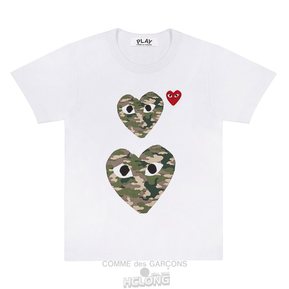 Comme Des Garcons PLAY White T-Shirt with Camo Printed Small and Big Hearts Short Sleeve Unisex Hvide | 05648-FQPV