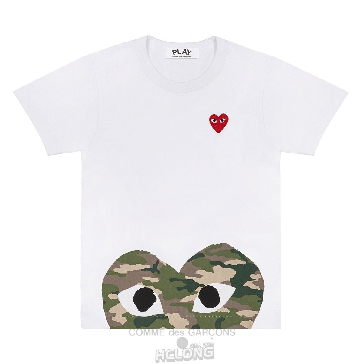 Comme Des Garcons PLAY White T-Shirt with Camo Printed Half Heart Short Sleeve Unisex Hvide | 23145-WYAI