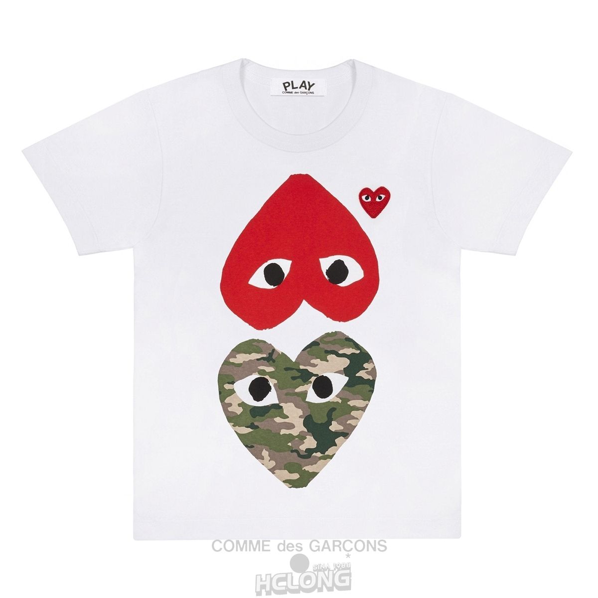 Comme Des Garcons PLAY White T-Shirt with Camo Printed Mirror Hearts Short Sleeve Unisex Hvide | 74980-XGQT